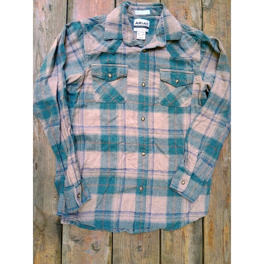 Ariat Boys Huxlee Retro Snap LS Shirt Deep Teal Brown Tan Plaid LG 14/16 Western